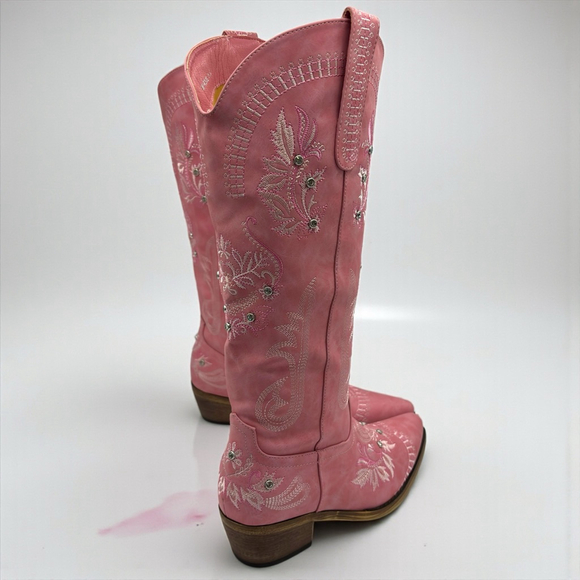 Wide Calf Pink Embroidered Rhinestone Cowboy Boots Knee High Snip Toe 8.5 NWB - Picture 12 of 16